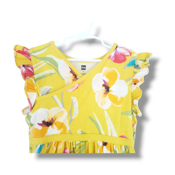 Tea Collection Girls 12 Faux Wrap Dress Painterly Hibiscus Yellow - Picture 2 of 5